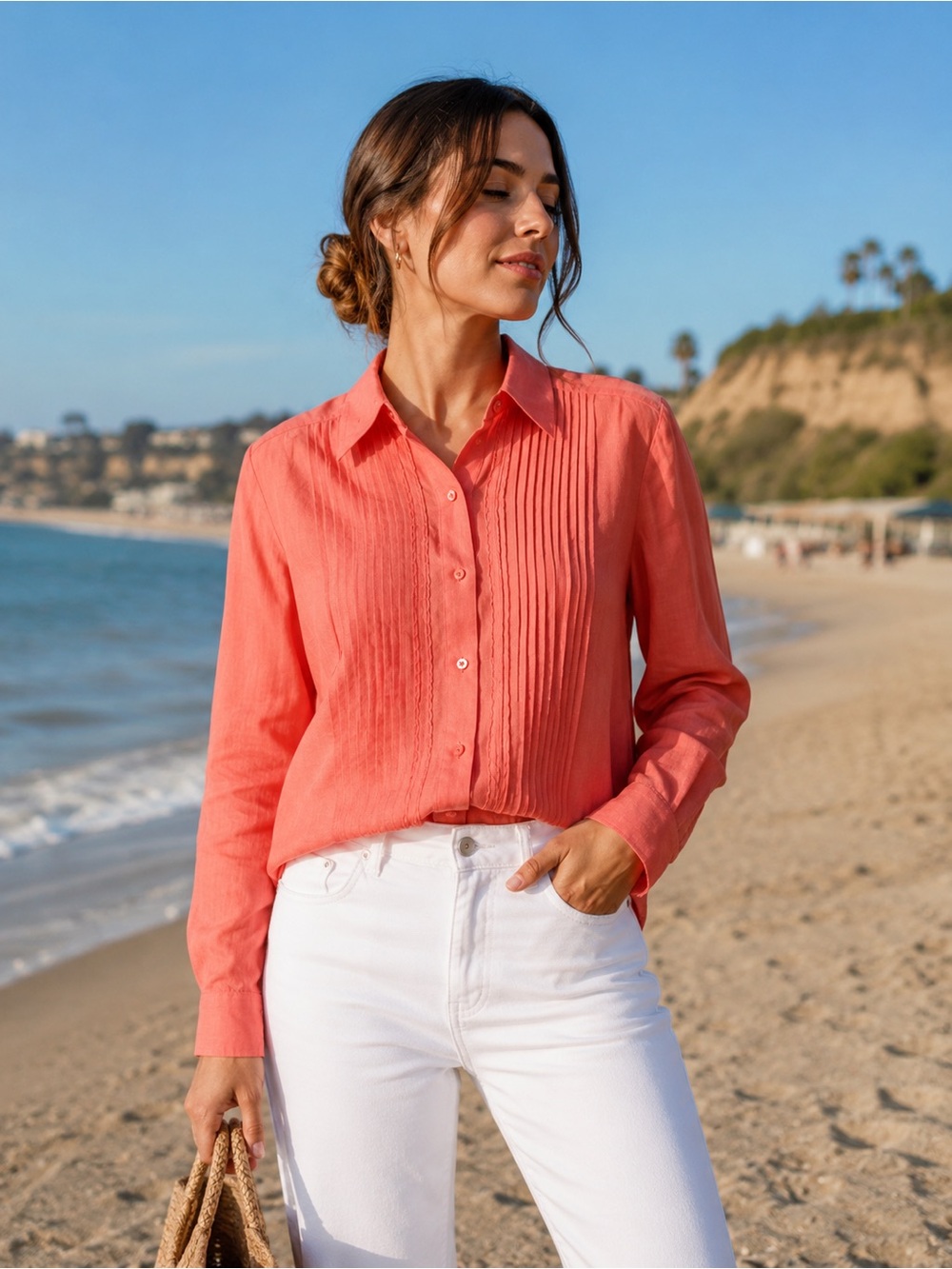 Carlisle Button Down Top coral top with hand stitched detail.